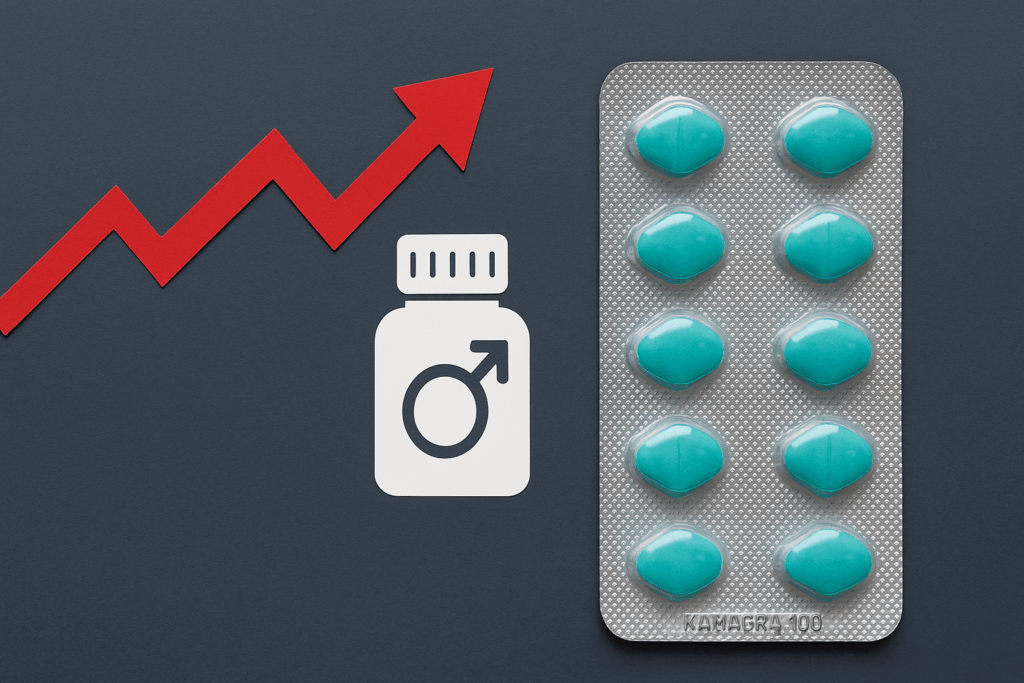 Kamagra 100 mg förbättrar mäns erektioner, symboliserat av den blå blisterförpackningen.