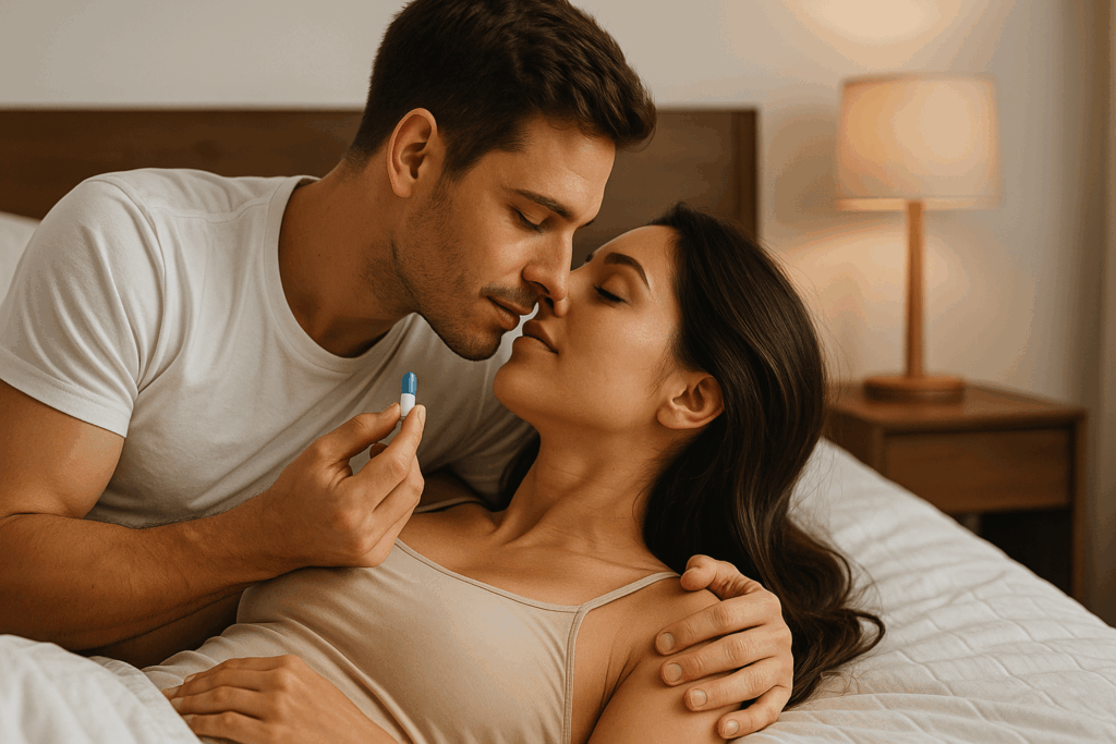 Paret delar intimitet; mannen håller i en blå kapsel för en förstärkt upplevelse.