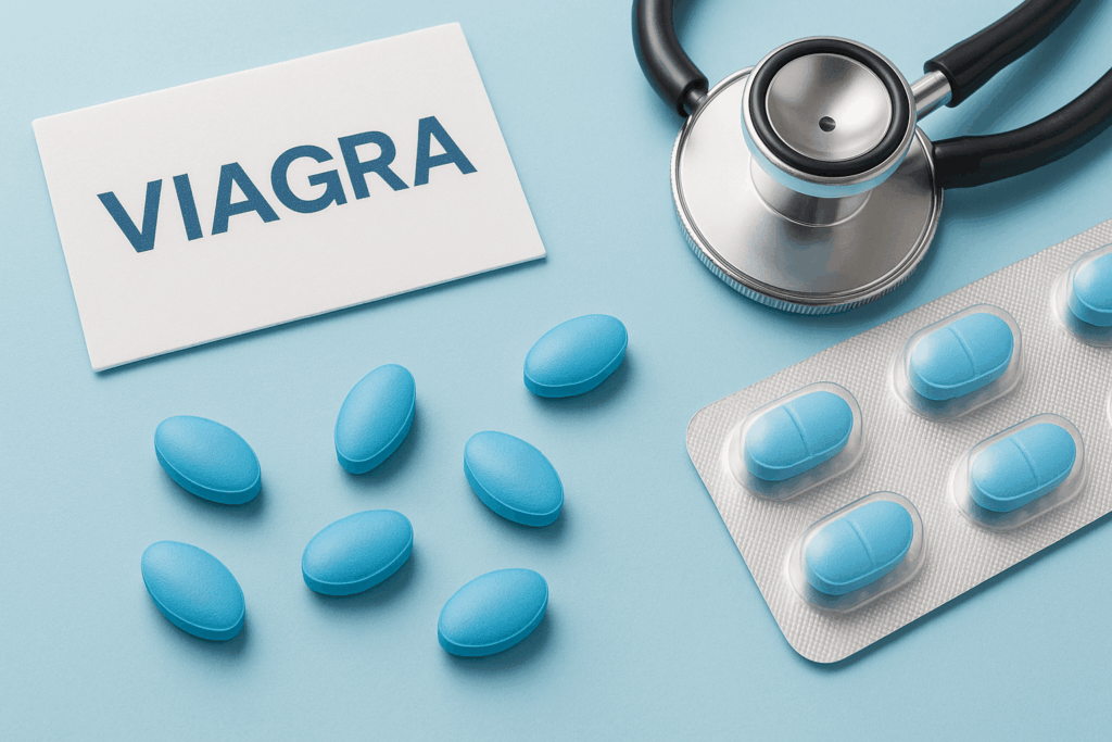 Blå Viagra-piller, blisterförpackning, stetoskop och säkerhetsinformationskort.