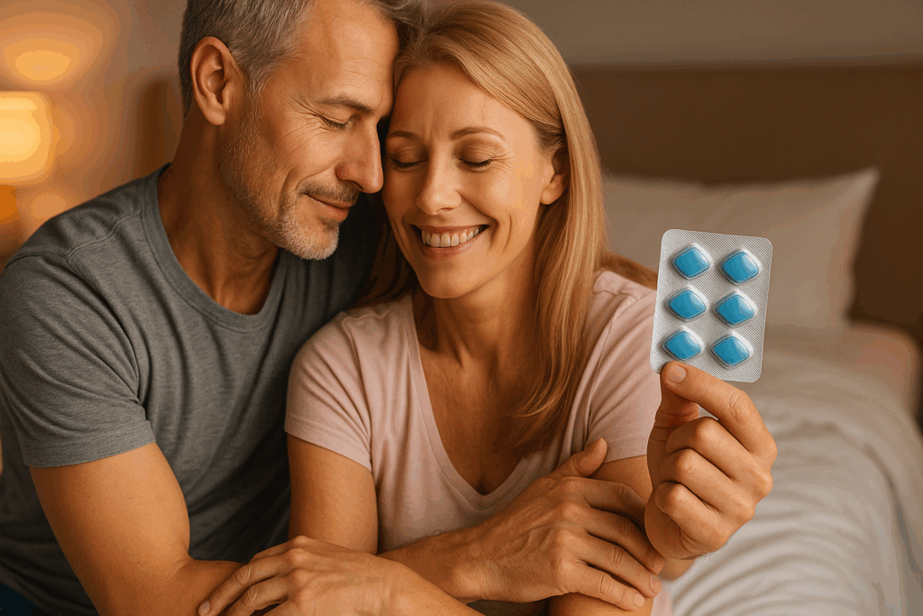 Par omfamnar varandra i sängen, håller Kamagra, vilket symboliserar förnyad intimitet.