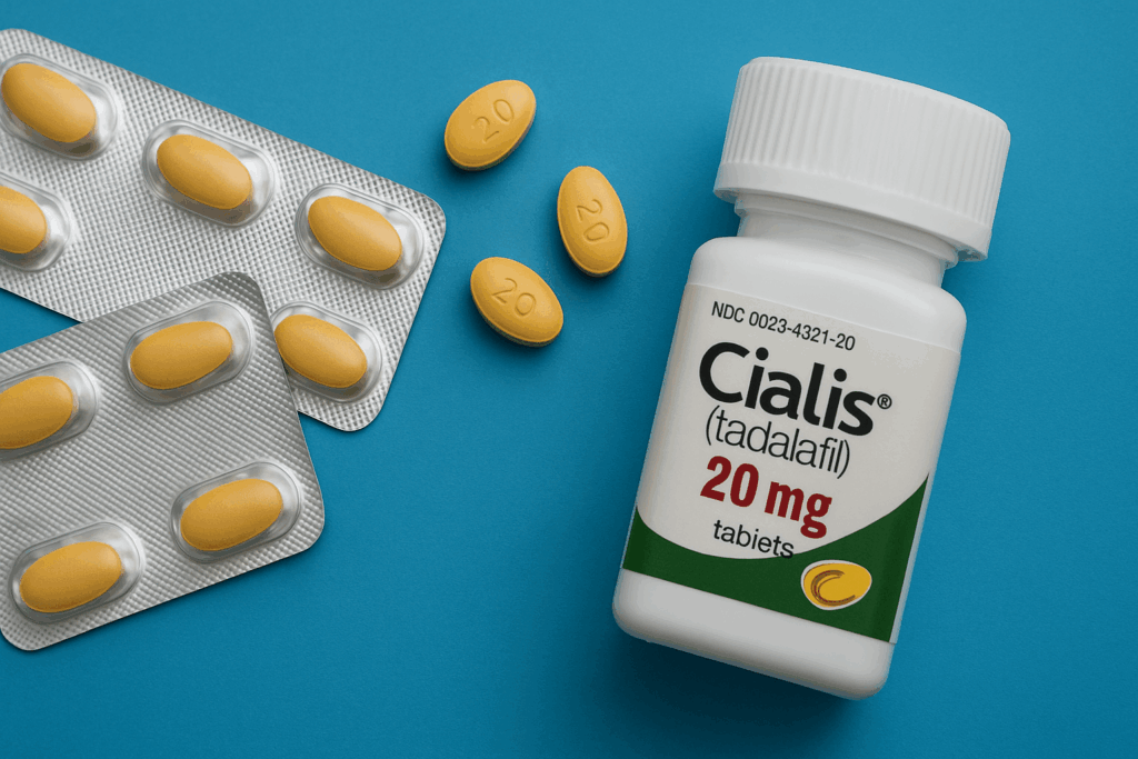 Cialis 20 mg tabletter och receptbelagd flaska på blå bakgrund.