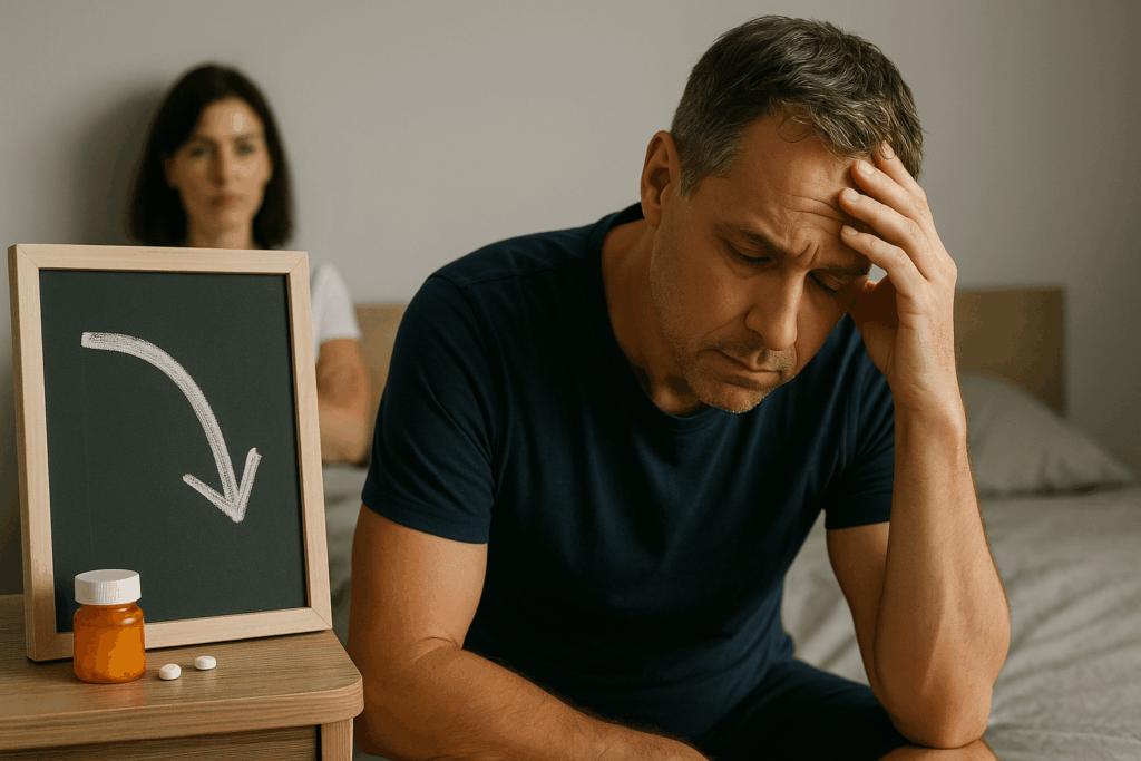 Medelålders man stressad av erektil dysfunktion, söker Cialis-behandling i närheten.