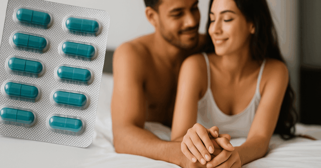 Ett lyckligt par med intima stunder och piller som visas upp och hjälper till i intima stunder