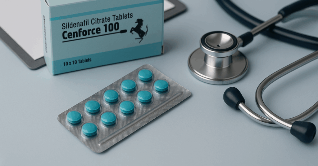 Cenforce 100 medicine kept with stethoscope
