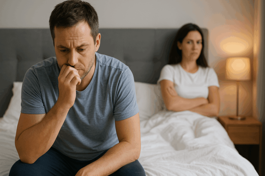 Man står inför erektil dysfunktion, emotionell stress; relationsutmaningar framhävs.