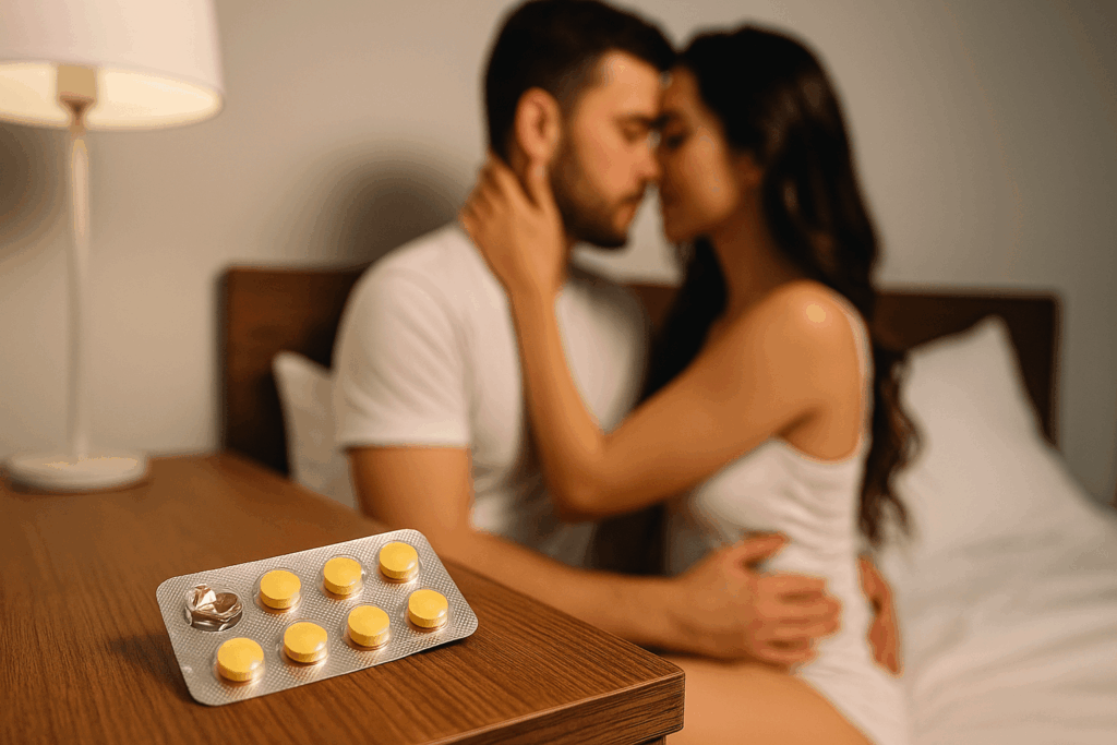 Vilitra-tabletter på nattduksbordet med ett omfamnande par.