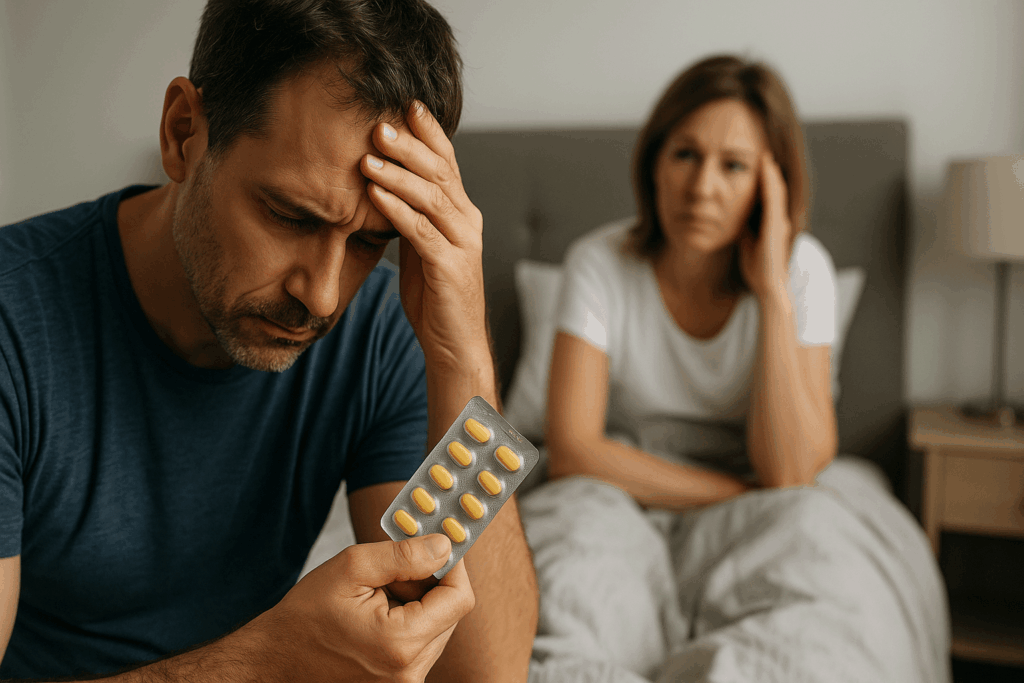 Man som håller Vilitra-piller med partner i bakgrunden.