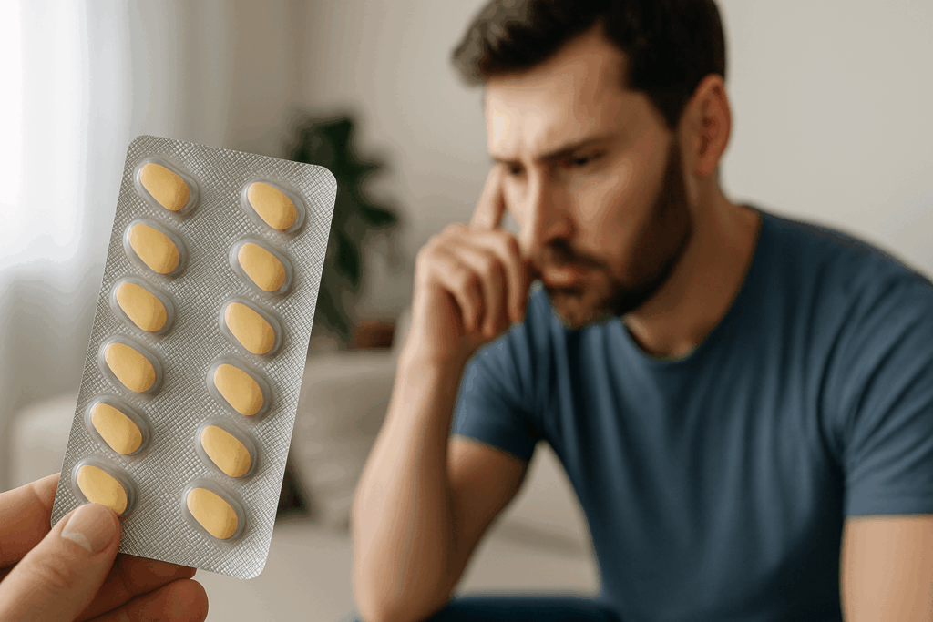Man med erektil dysfunktion ser orolig ut, tadalafil 5 mg tabletter i fokus.
