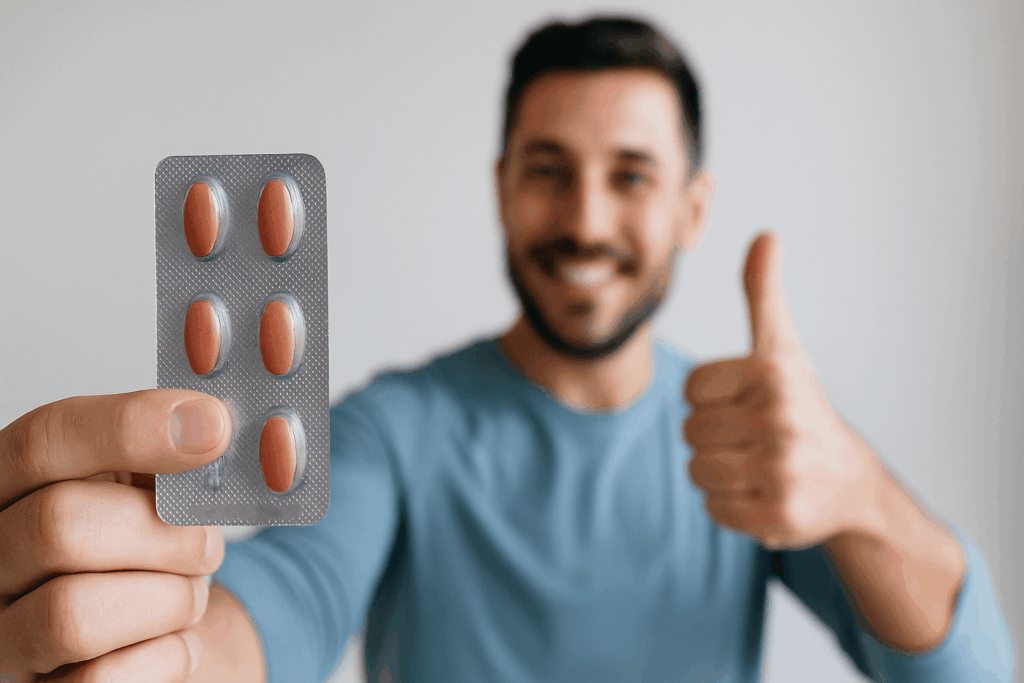 Smiling man showing Vilitra pills with thumbs up, symbolizing sexual performance support.