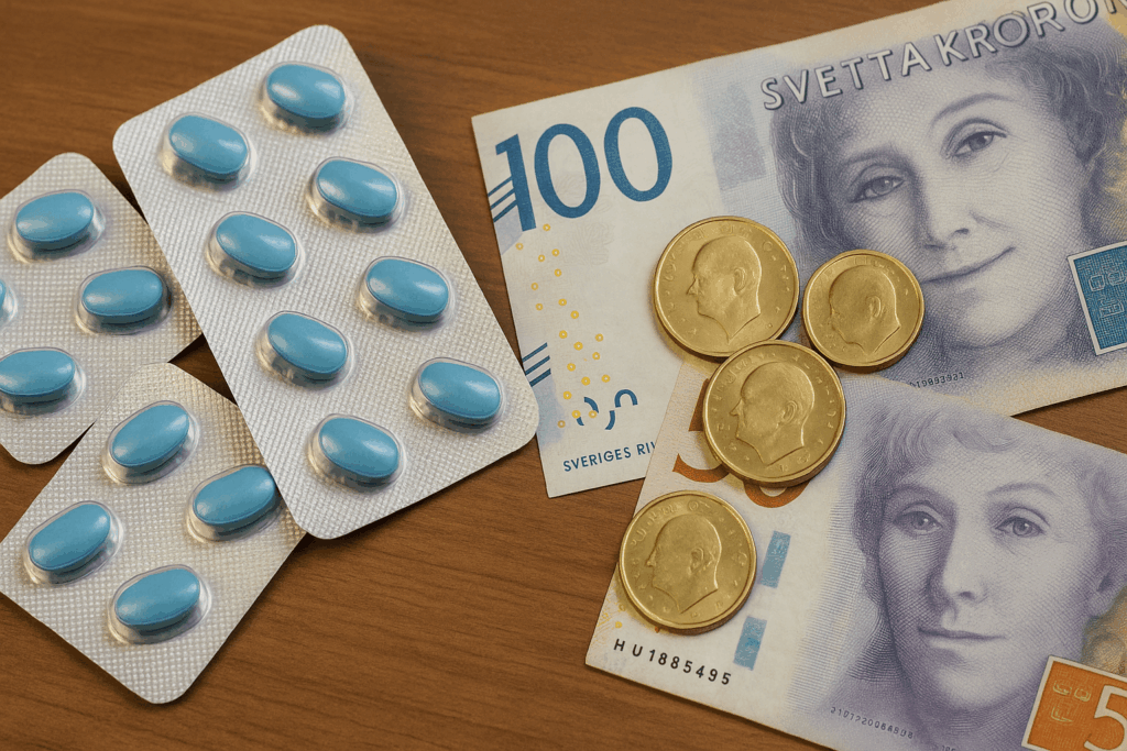 Sildenafilpiller med svensk valuta som framhäver prisjämförelse och överkomliga priser.