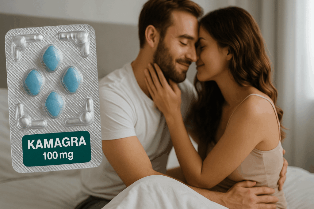 Lyckligt par i sängen, Kamagra-tabletter symboliserar återställd intimitet.