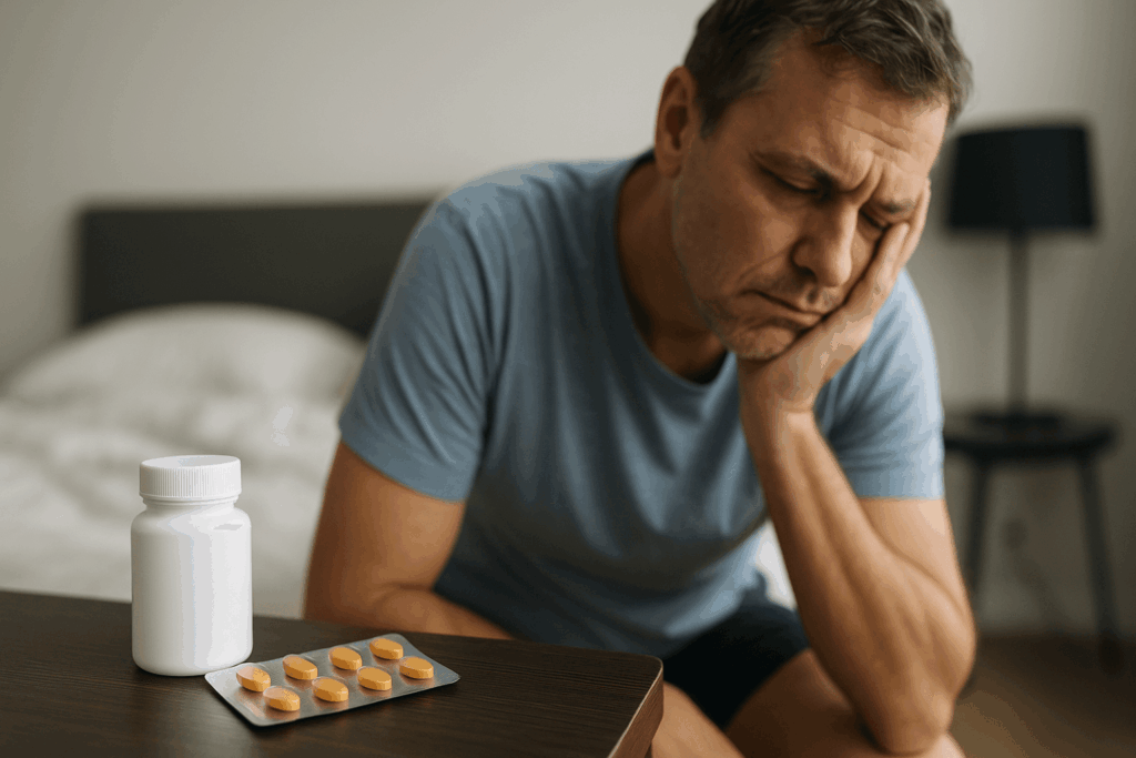 Man som ser sjuk ut bredvid medicin, visar möjliga biverkningar av Vidalista.