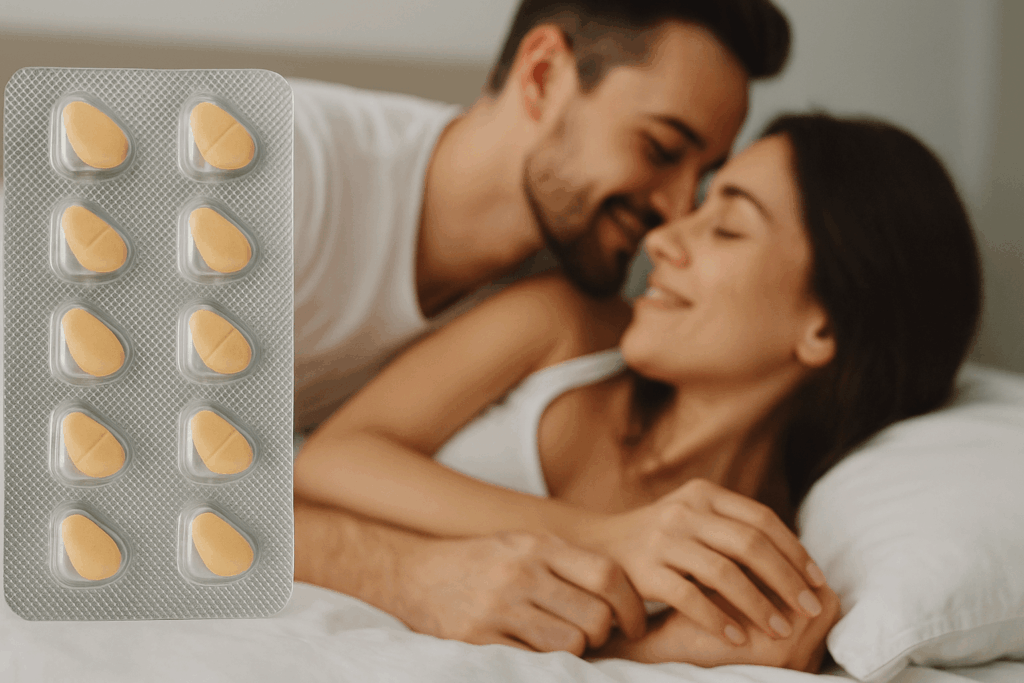 Par i säng med Vidalista blister, symboliserar intimitet.