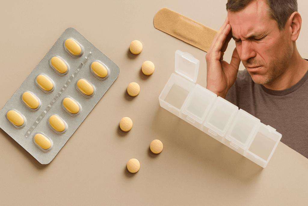 Man med huvudvärk bredvid Tadalafil-tabletter, symbol för vanliga biverkningar.