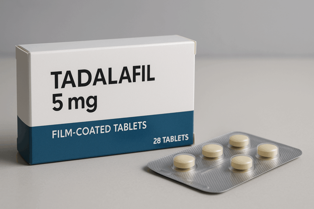 Ask med Tadalafil 5 mg filmdragerade tabletter med blisterförpackning på bordet.