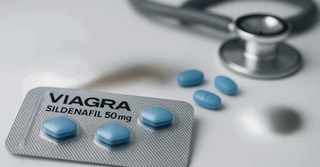 Blisterförpackning med Viagra Sildenafil 50mg med piller och stetoskop i bakgrunden.