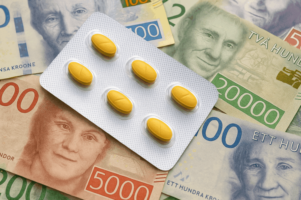 Tadalafil 5 mg tabletter i svensk valuta som representerar behandlingskostnad och värde.