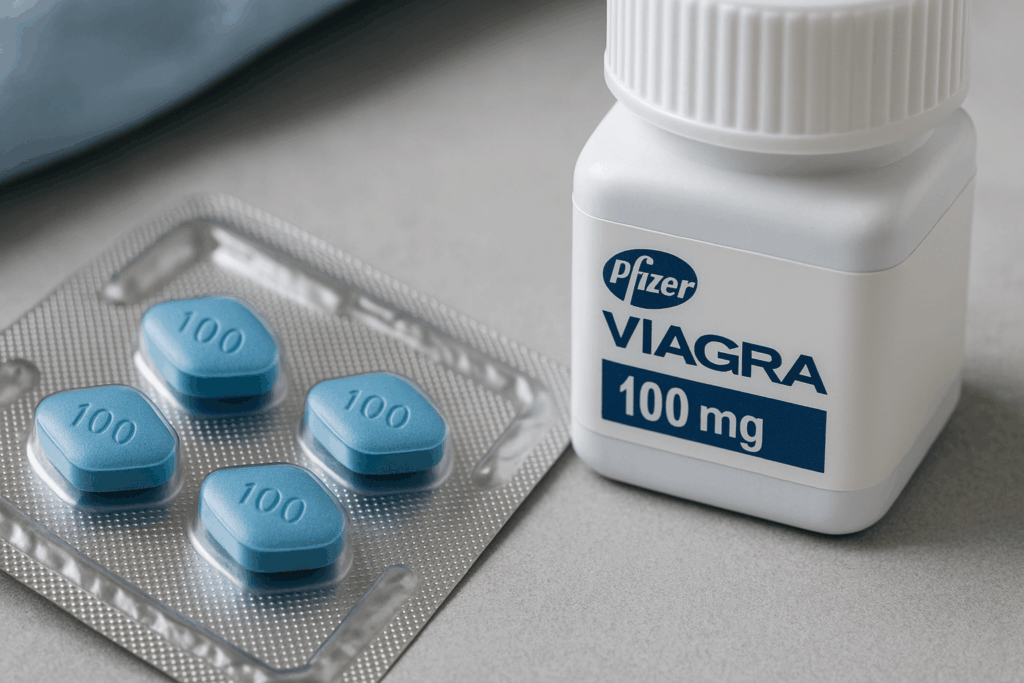 Pfizer Viagra 100 mg flaska med blisterförpackning med tabletter.
