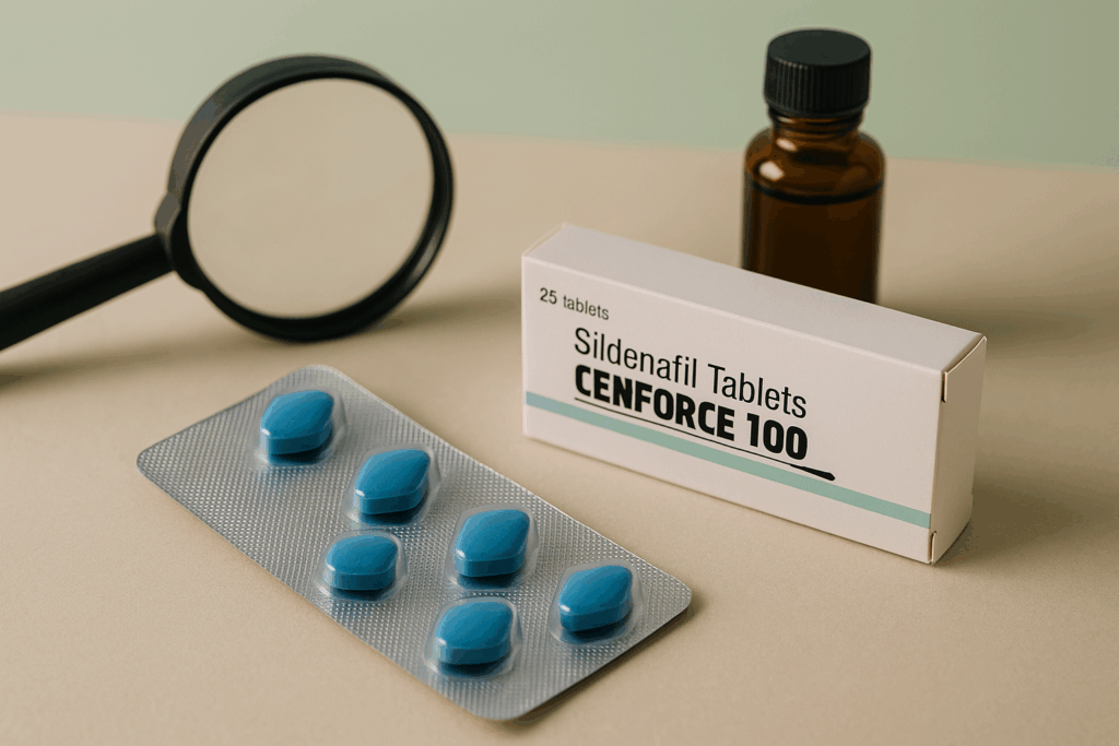 Sildenafil Cenforce 100 tabletter med förpackningsask med förstoringsglas anger fördelarna med den.