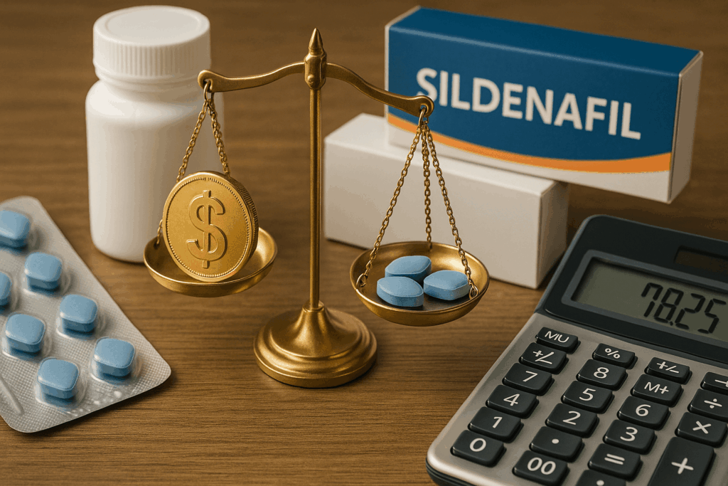 Sildenafiltabletter på våg med dollarmynt och kalkylator för prisjämförelse.