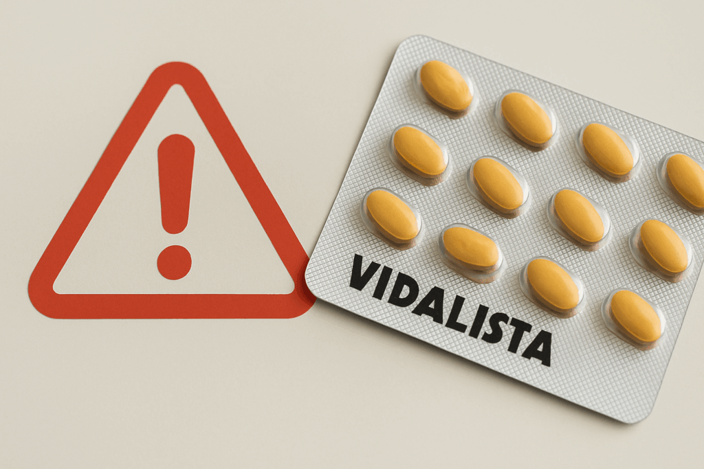 Vidalista tabletter med varningssymbol om biverkningar.