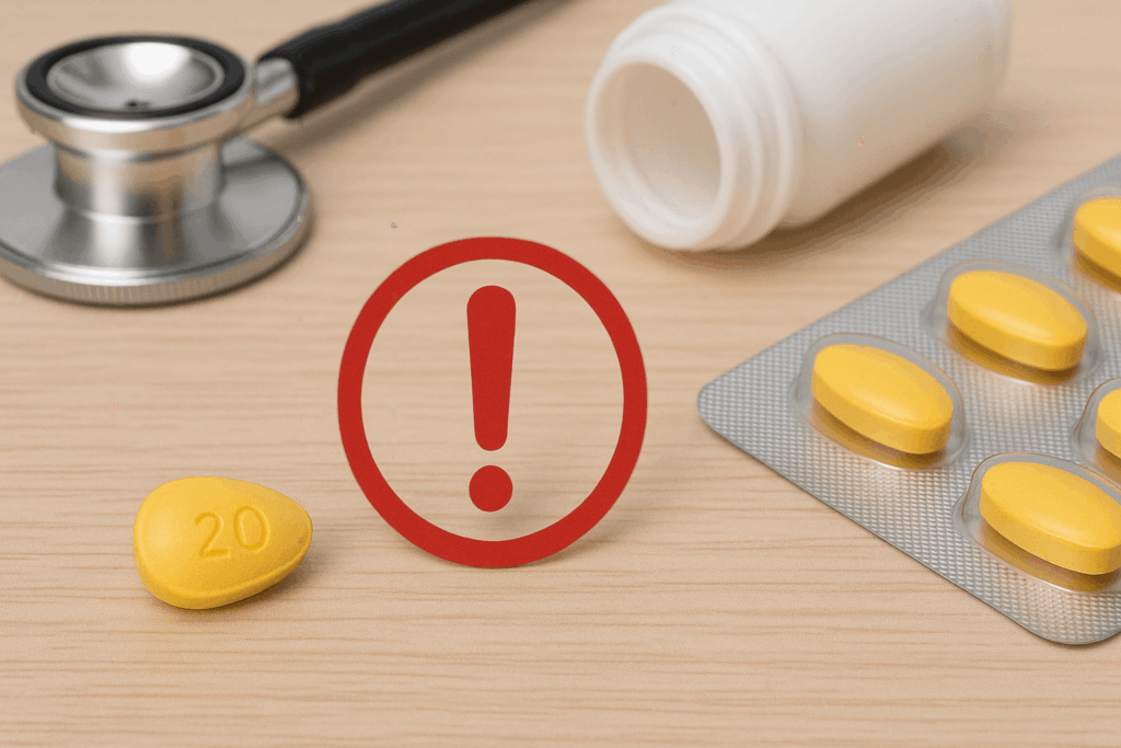 Tadalafil 20 mg tablett med varningssymbol och stetoskop, risk för biverkningar.