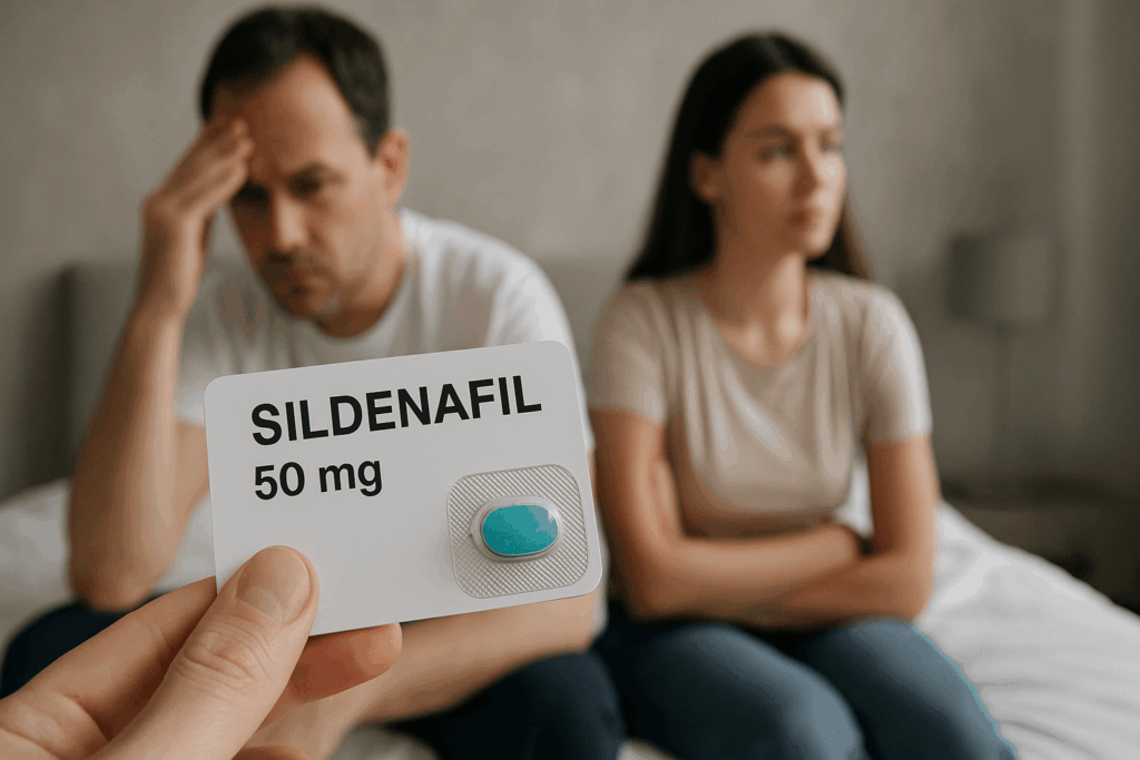 Sildenafil 50 mg blisterförpackning hålls framför ett par som har problem med erektil dysfunktion.