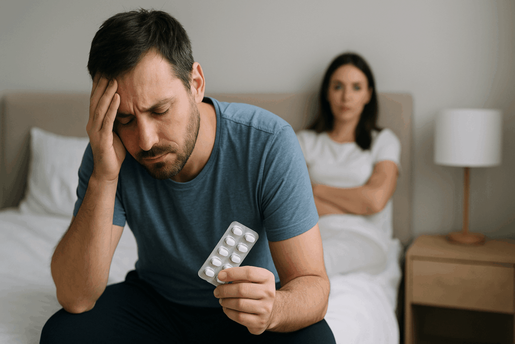 Man orolig för erektil dysfunktion håller Tadalafil 5 mg tabletter medan partnern ser orolig ut