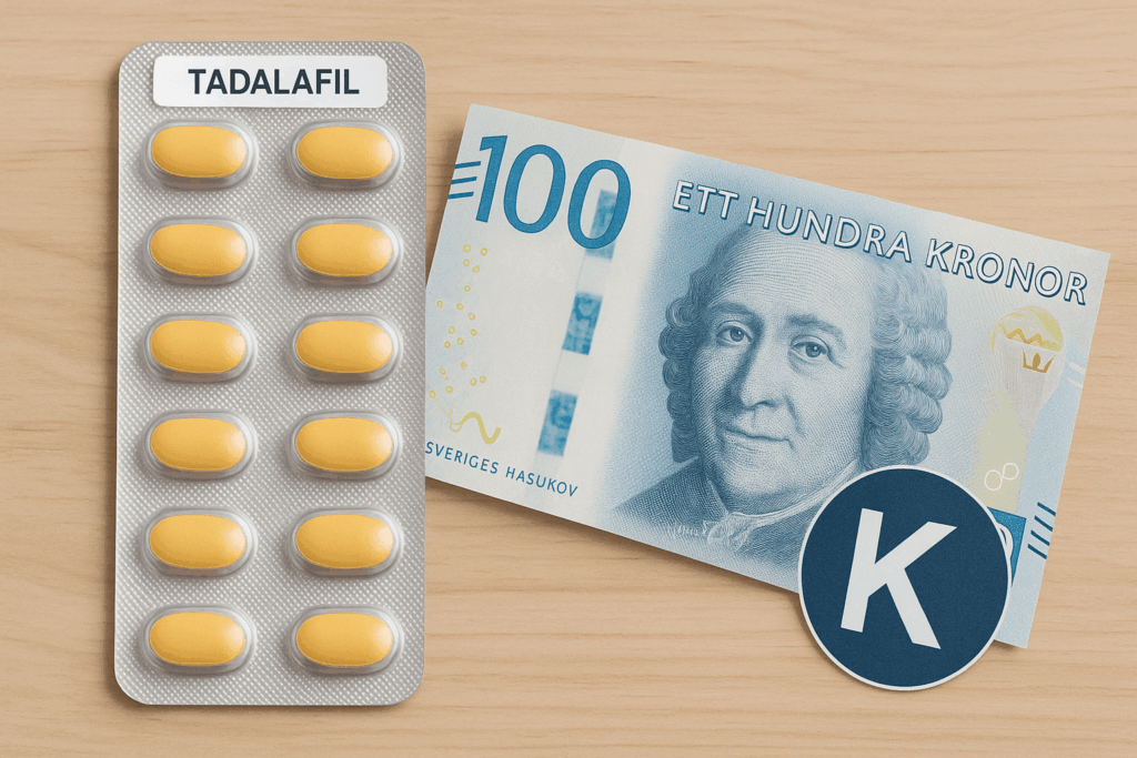 Blisterförpackning med Tadalafil med 100-kronorssedel; tadalafil priskoncept