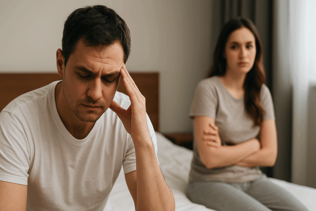 Man stressad av för tidig utlösning medan partnern ser upprörd ut.