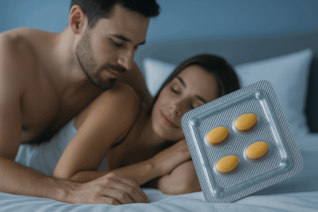Tadalafil 10mg blister pack placed near a relaxed couple in bed.