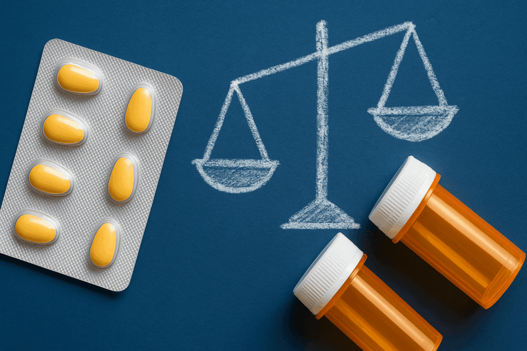 Tadalafil doseringsbalanskoncept med tabletter och medicinflaskor.