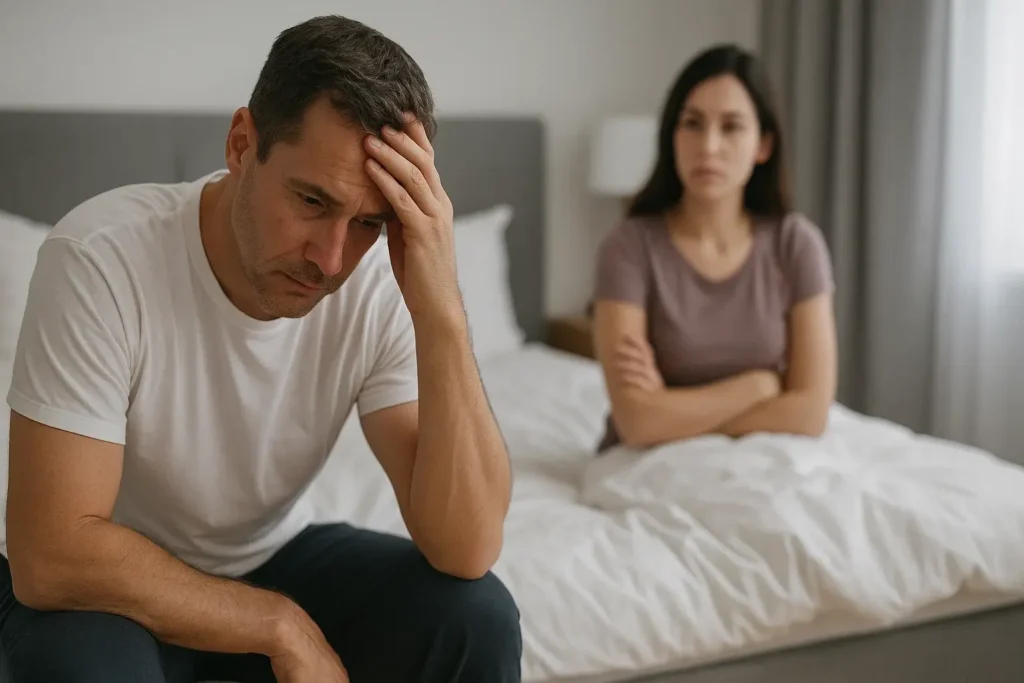 Man med erektil dysfunktion med partner i bakgrunden