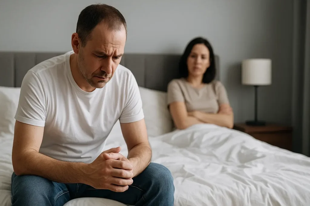Man sitter besviken i sängen på grund av ED-problem