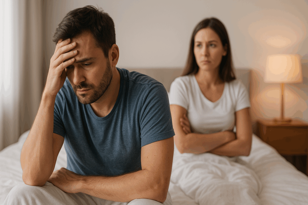 Man som har problem med erektil dysfunktion och för tidig utlösning med upprörd partner.