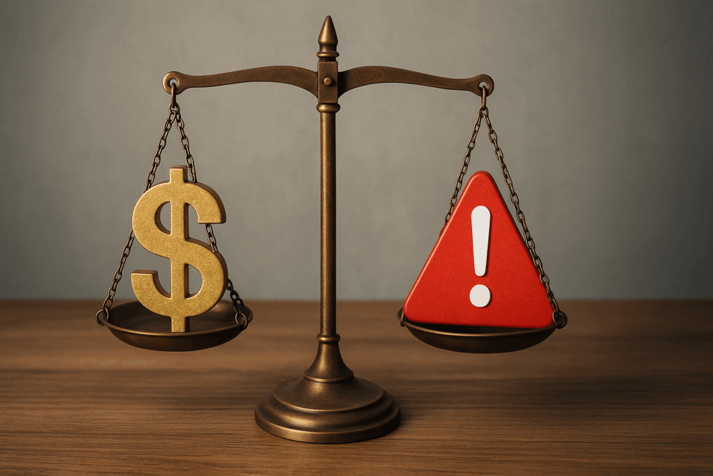 Balansvåg som visar pengar kontra säkerhetsrisk vid kostnadsjämförelse av sildenafil.