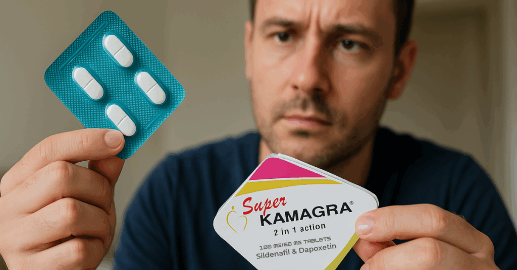 Man kontrollerar Super Kamagra tabletter och förpackning – användarupplevelse