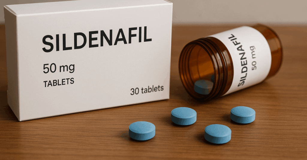 Sildenafil 50 mg tabletter mot erektil dysfunktion visas med förpackning och piller på bordet.